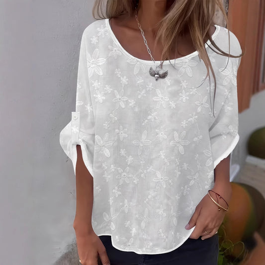 Womens Lace Crew-Neck Loose-Fit Blouse Top