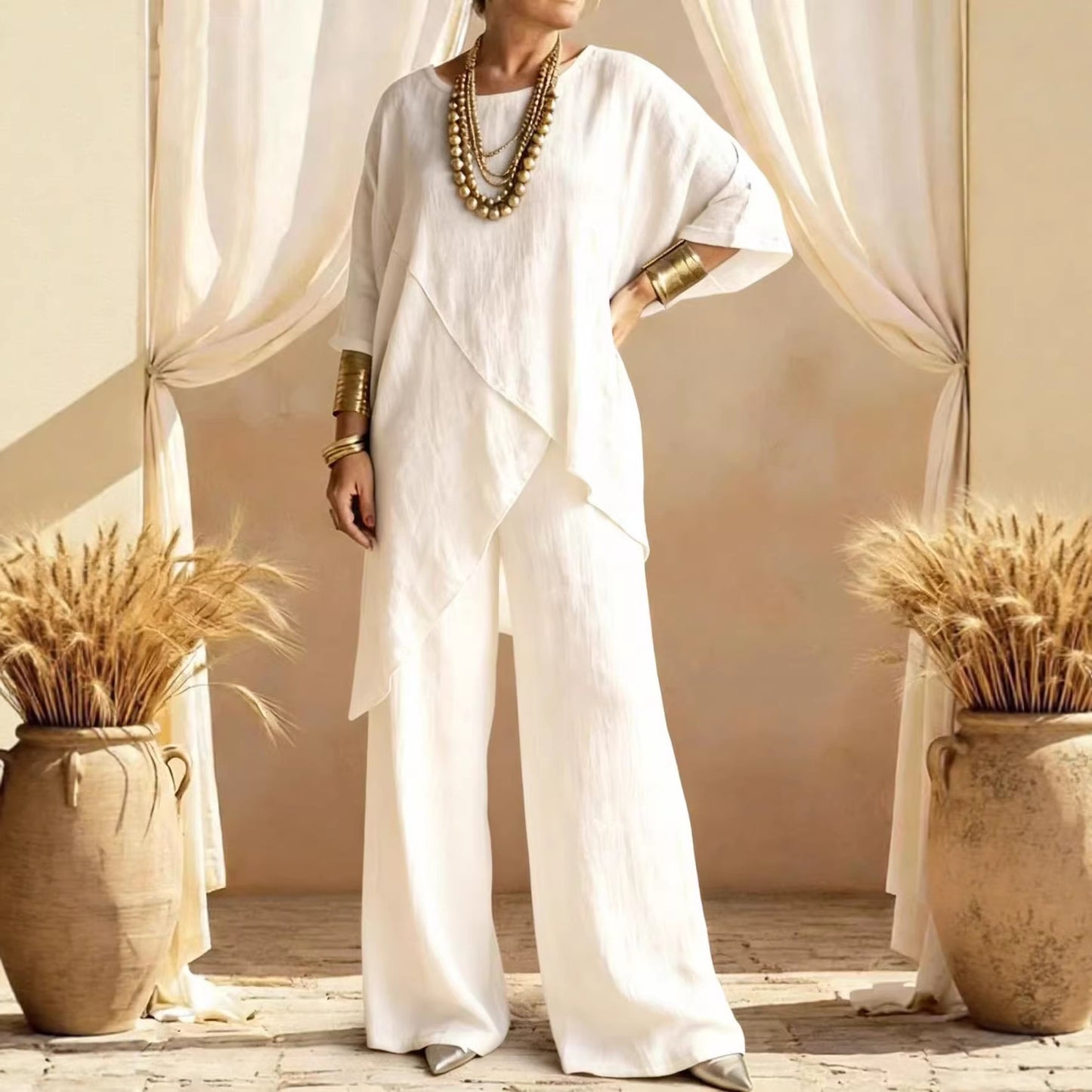 Womens Cotton-linen Crew-neck Loose Casual Two-piece Set