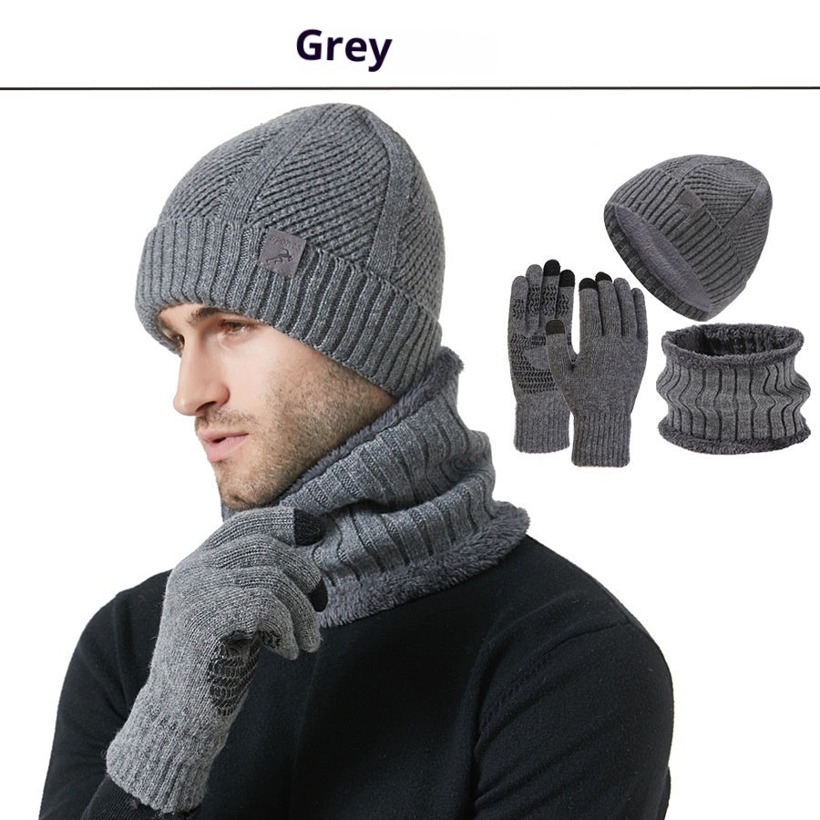Winter New Thickened Men's Hat Scarf Gloves Three-piece Set