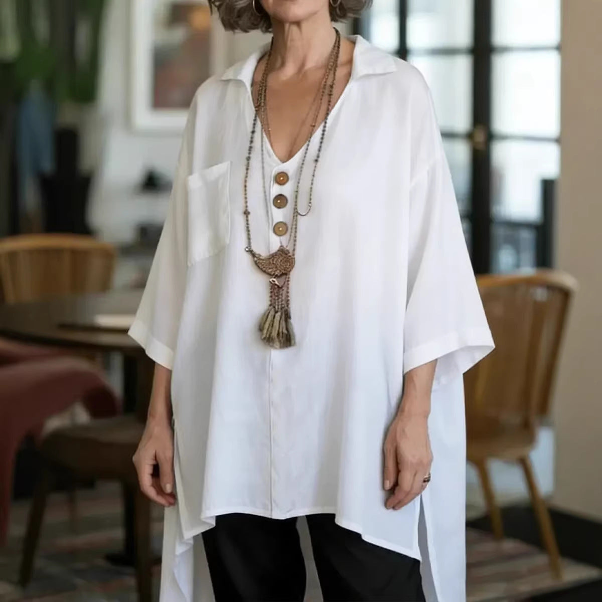 Loose-fit Cotton-linen Top With Buttons For Women