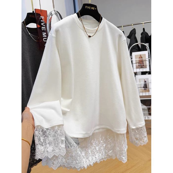 Lace-sleeved Long-sleeve T-shirt Loose-fitting Plus-size Mid-length Base Layer With Brushed Fabric