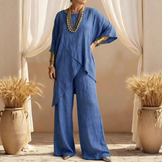 Womens Cotton-linen Crew-neck Loose Casual Two-piece Set
