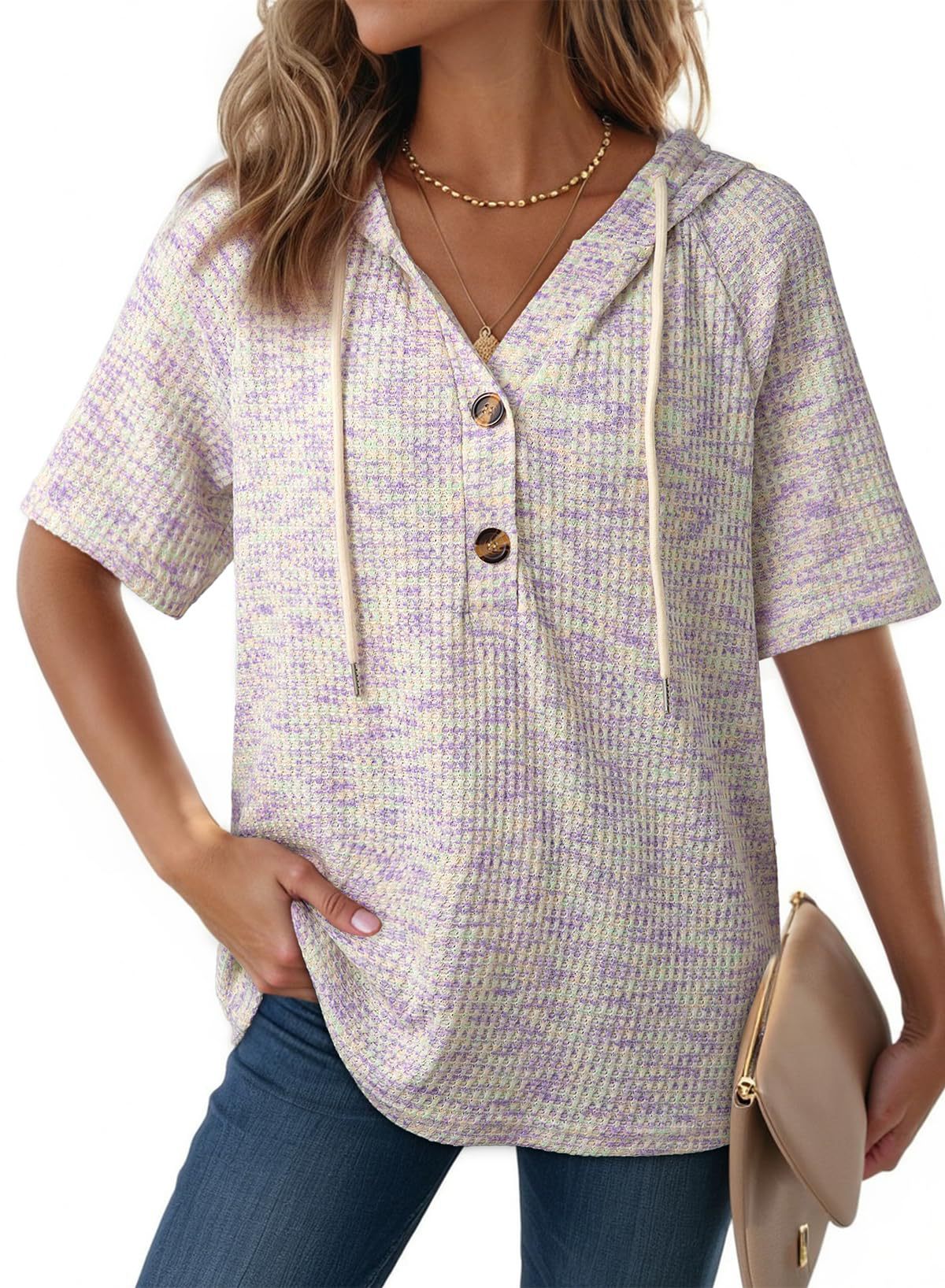 Womens Waffle-Weave Buttoned V-Neck Hoodie With Drawstring