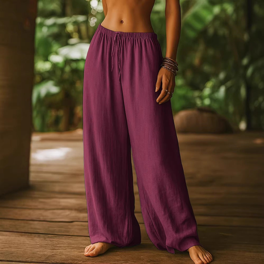 Women's Cotton And Linen Loose Pure Color Elastic Waist Pocket Straight Casual Pants