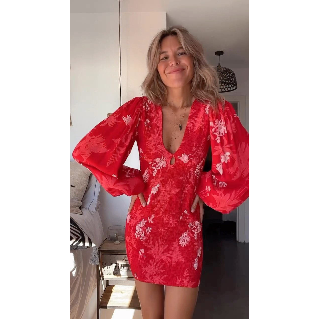 Casual Relaxed-fit Pleated Long-sleeve Sexy V-neck Dress