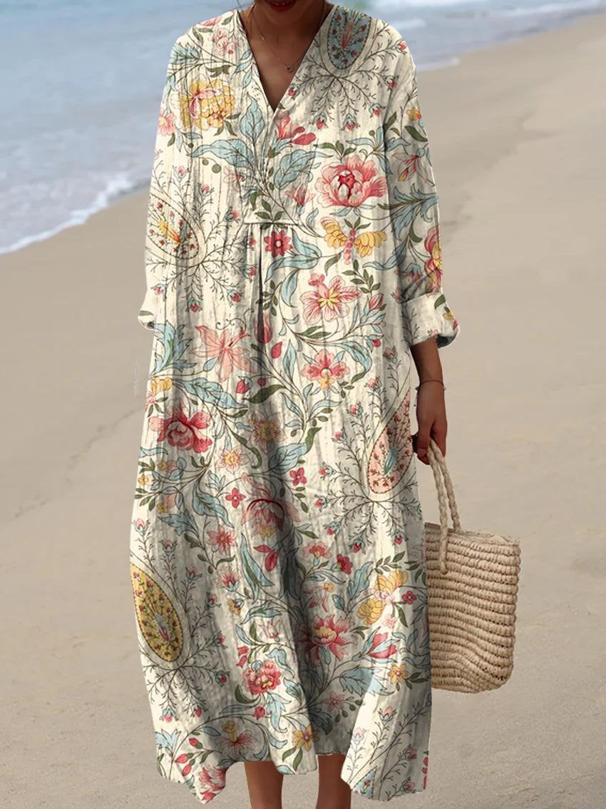 Resort Style Printed Long Sleeve For Women Loose Fitting V Neck Maxi Dress