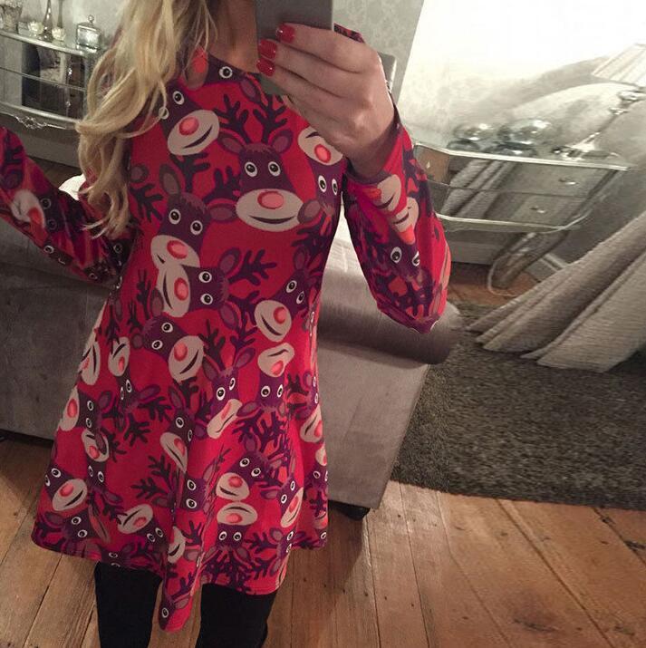 Christmas Dress Elderly Snowflake Print Long-sleeved Skirt