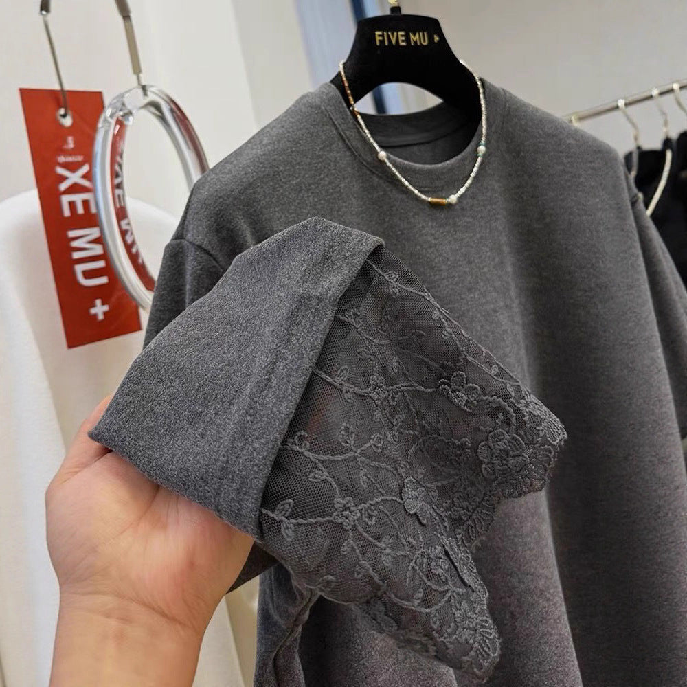 Lace-sleeved Long-sleeve T-shirt Loose-fitting Plus-size Mid-length Base Layer With Brushed Fabric