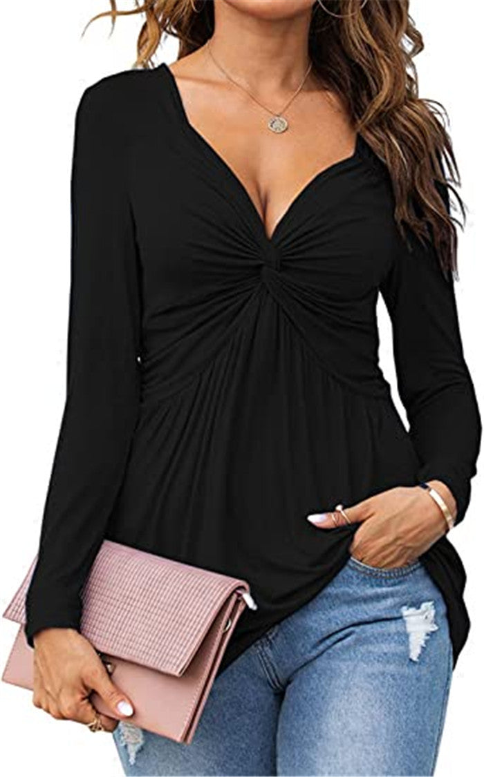 Womens V-neck Front-tie Blouse With Long Sleeves And A Pullover Design