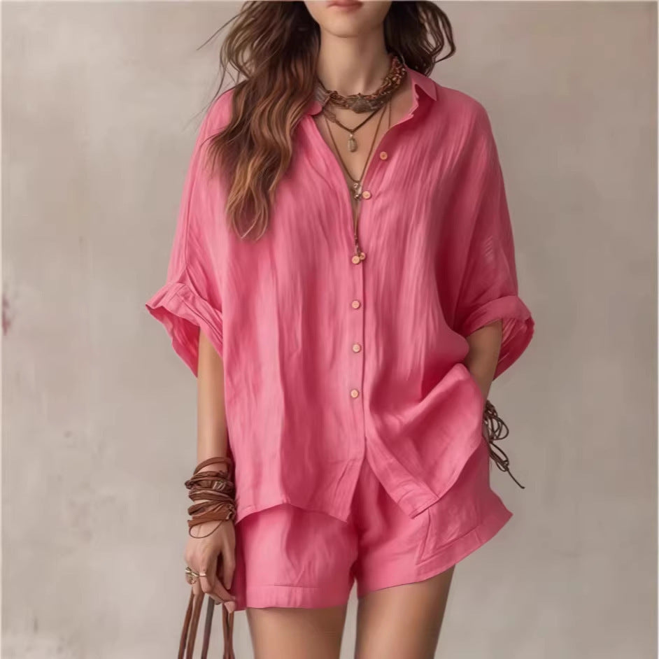 Womens Casual Two-Piece Set Shirt Shorts