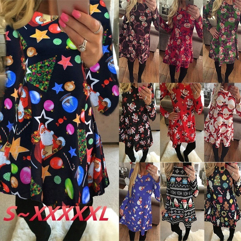 Christmas Dress Elderly Snowflake Print Long-sleeved Skirt