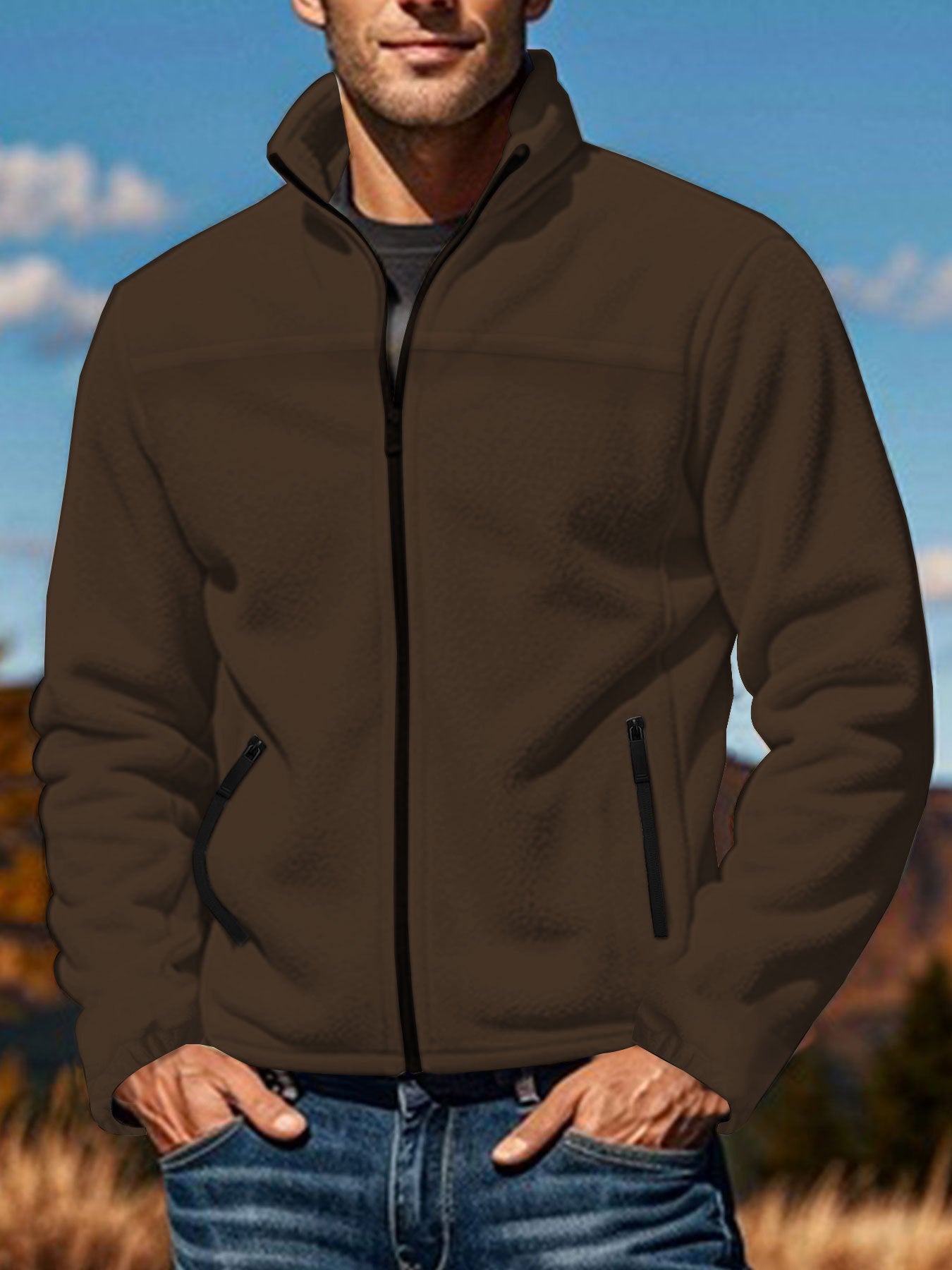 Men's Polar Fleece Jacket Outdoor Zipped Stand Collar Coat