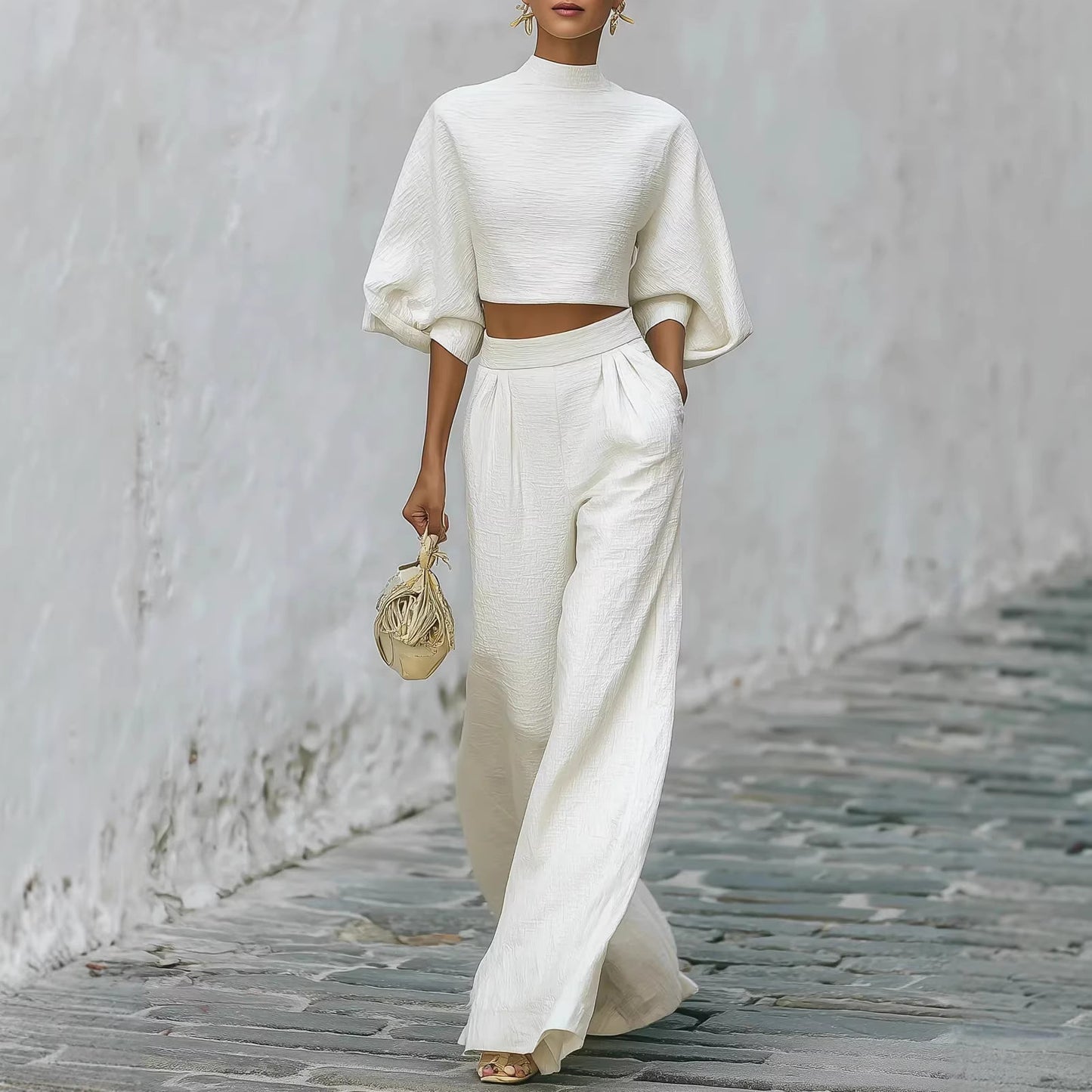 Womens Short Top And High-Waisted Casual Pants Two-Piece Set