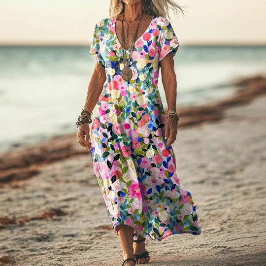 Womens Floral V-Neck Short-Sleeve Dress