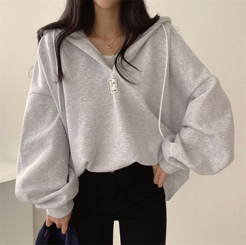 Womens Loose-fitting Versatile Hooded V-neck Sweatshirt
