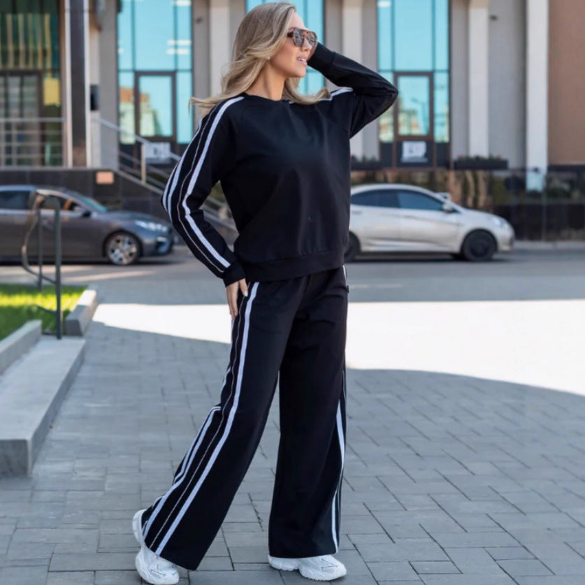 Womens Striped Loose-Fit Long-Sleeve Half-Zip Hoodie With Drawstring And Matching Sweatpants Set