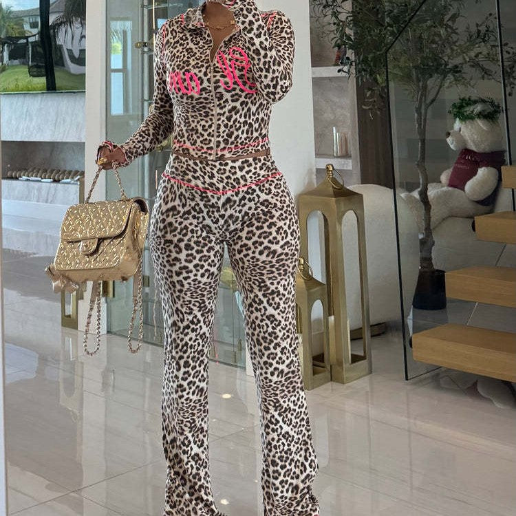 Leopard-print Five-stitch Cardigan Two-piece Set