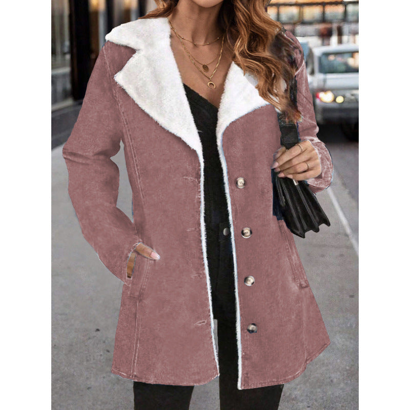 Women's Solid Color Plush Lapel Mid-length Coat