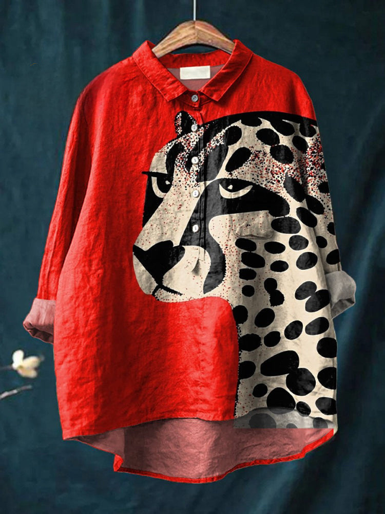 Womens Summer Loose-Fit Printed Lapel Casual European-Size Shirt