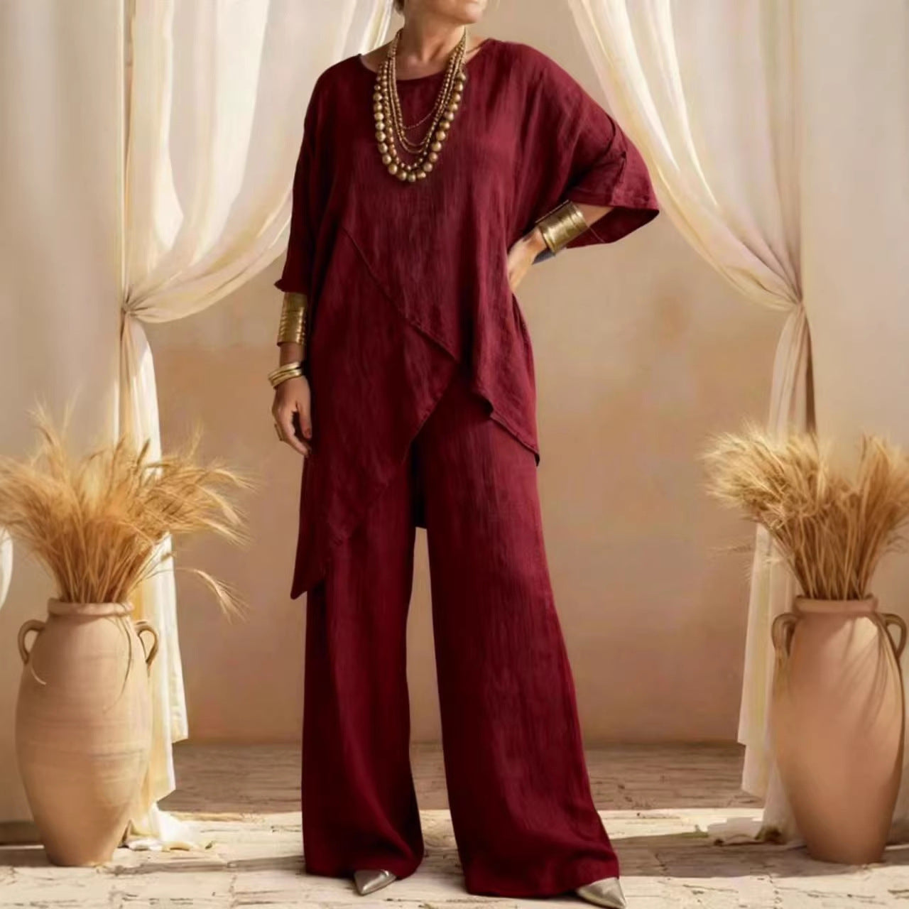 Womens Cotton-linen Crew-neck Loose Casual Two-piece Set