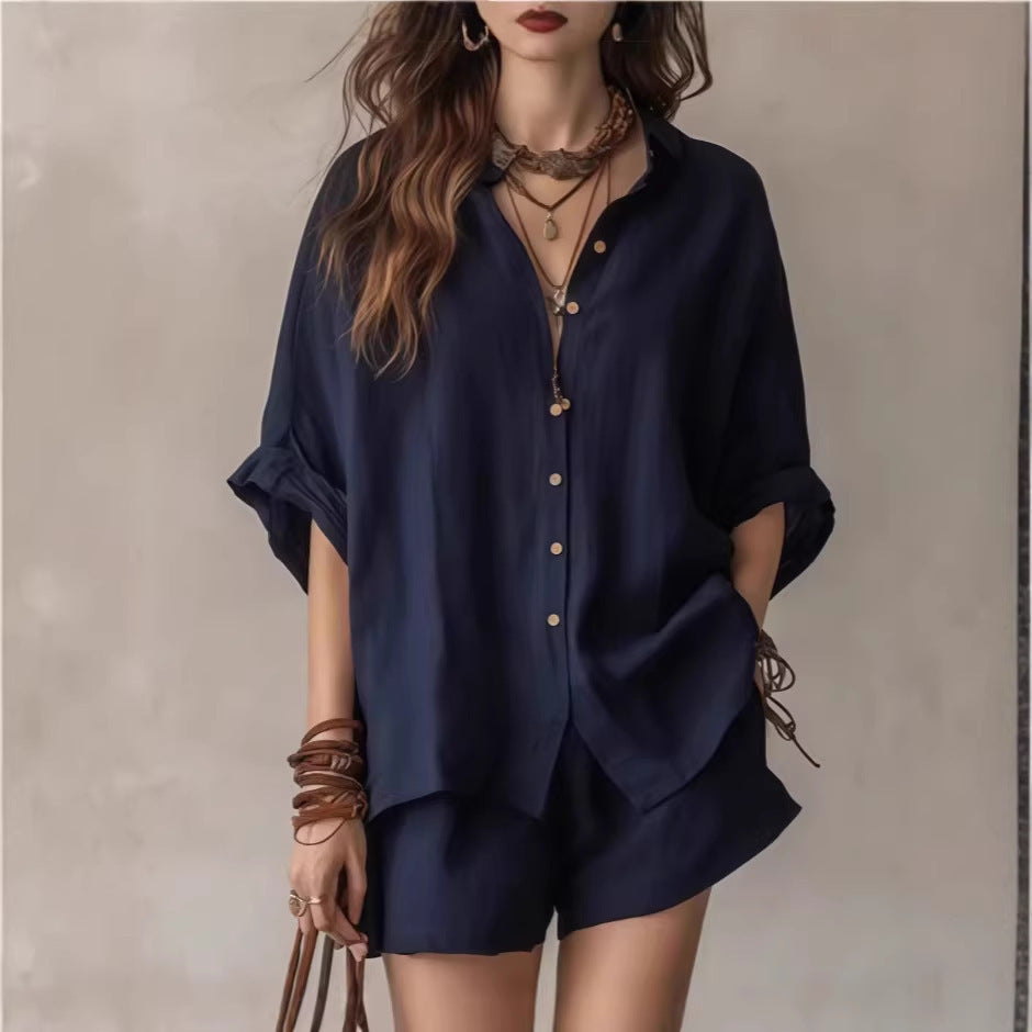 Womens Casual Two-Piece Set Shirt Shorts