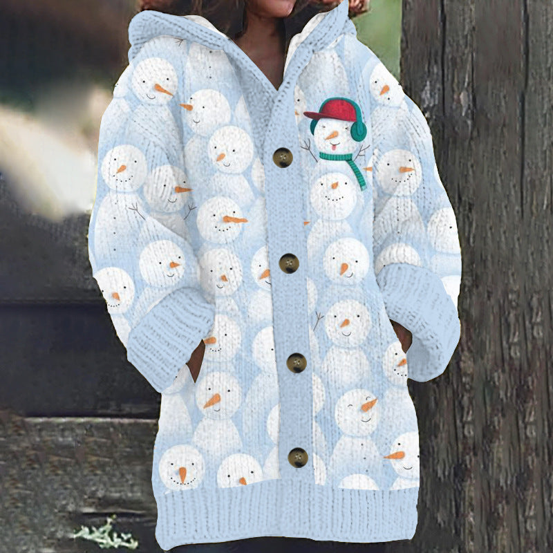 Women's Faux Wool Sweater Loosefit Jacquard Hooded Jacket