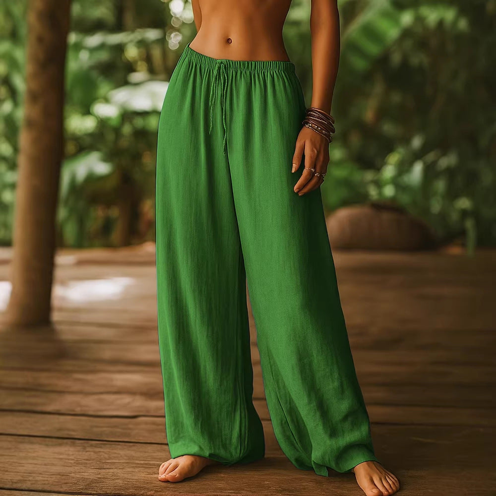 Women's Cotton And Linen Loose Pure Color Elastic Waist Pocket Straight Casual Pants